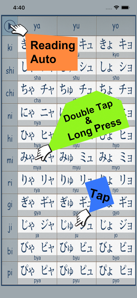 Japanese Kana - Uma grade de combinações de sílabas de Kana Japonês com instruções interativas de aprendizado