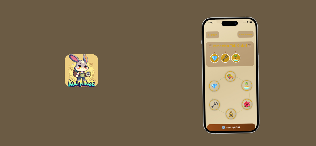 Kourpinose - Kourpinose brain training app interface showing a memory sequence challenge with nautical themed icons on an iPhone