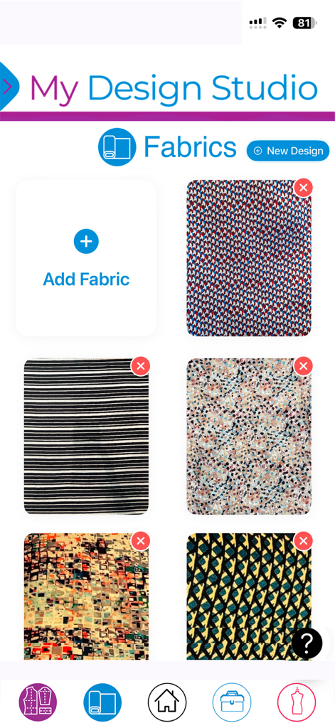 My DIY Fashion Design Studio - Interface da biblioteca digital no Meu Estúdio de Design de Moda DIY mostrando várias amostras de tecidos e um botão para adicionar tecido.