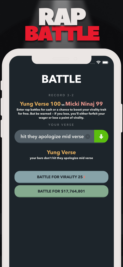 Jogabilidade de batalha de rap do Rap Star Music Simulator mostrando letras personalizadas e competição.