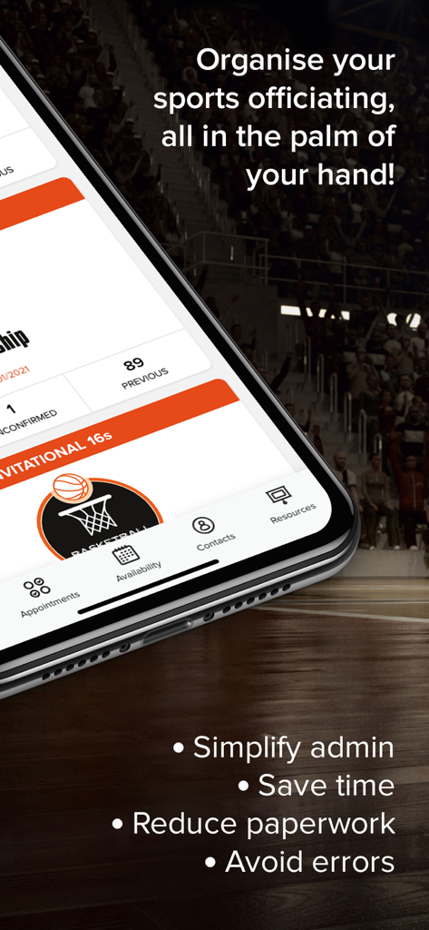 Tableau de bord de l'application mobile Refbook affichant les fonctionnalités de gestion de l'arbitrage sportif