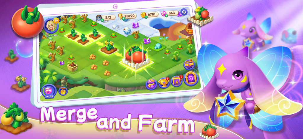 Merge Legends - Merge Legends gameplay showing plant merging mechanics and an adorable purple dragon character