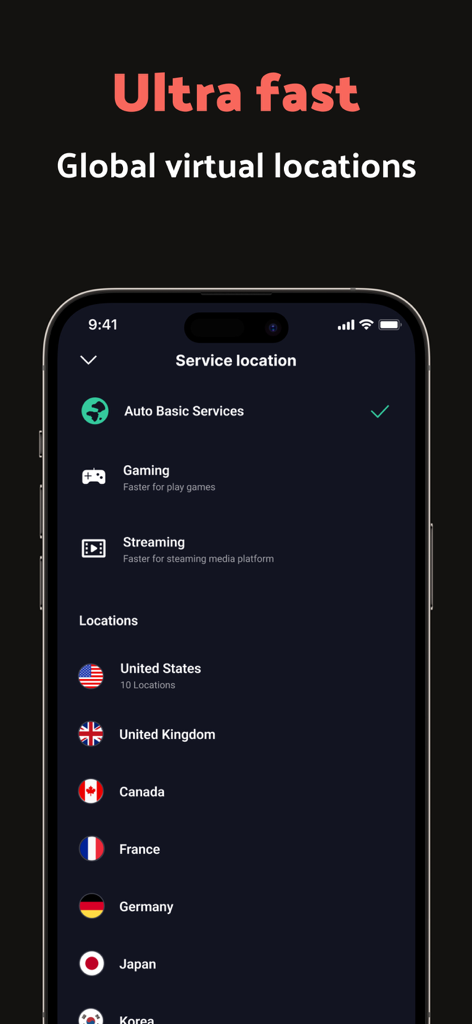 Super VPN Proxy - SuperVPN - Global virtual locations list in the Super VPN app featuring servers in the US UK and specialized gaming and streaming modes