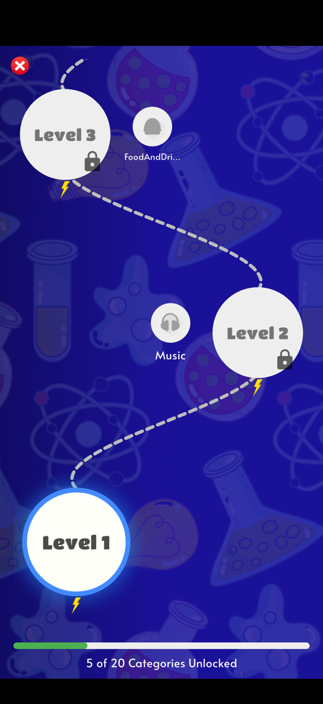 Quizia: General Knowledge Quiz - Pantalla de la aplicación Quizia mostrando la progresión de niveles y las categorías de cuestionarios desbloqueadas