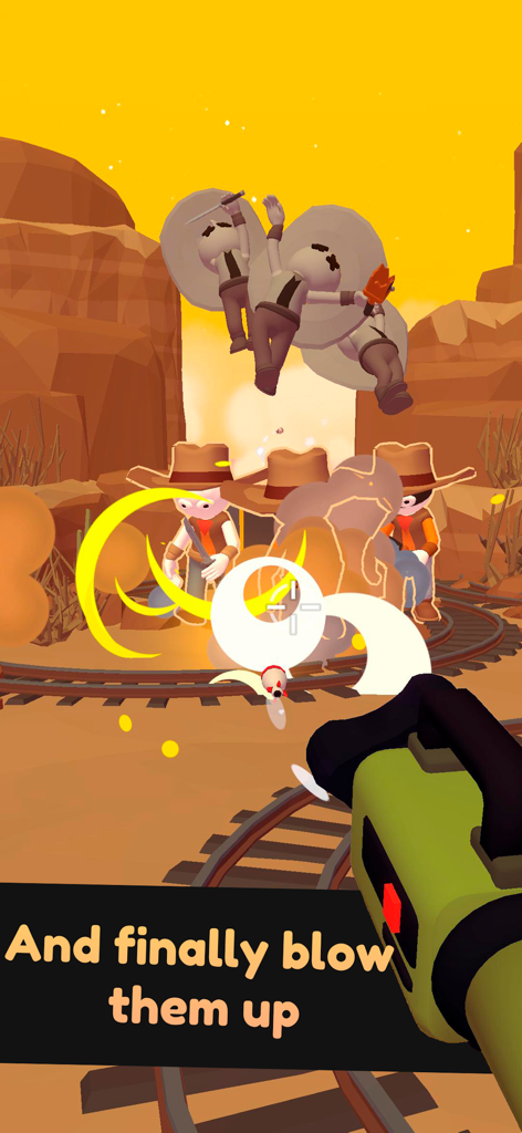 First person perspective of a wacky gun blowing up cartoon enemies in a desert canyon setting