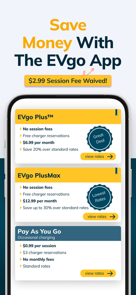 EVgo - Find a Fast EV Charger - Comparison of EVgo Plus, PlusMax, and Pay As You Go charging membership plans on a mobile screen.