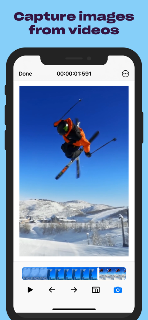 iPhone-Bildschirm zeigt die SnapMotion-App beim Extrahieren eines hochwertigen Standbilds aus einem Ski-Video