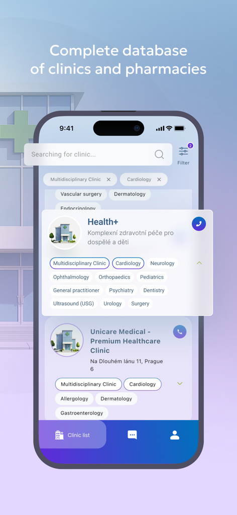 ZORYX - ZORYX mobile app interface showing a searchable database of medical clinics and specialty filters for expats in Prague
