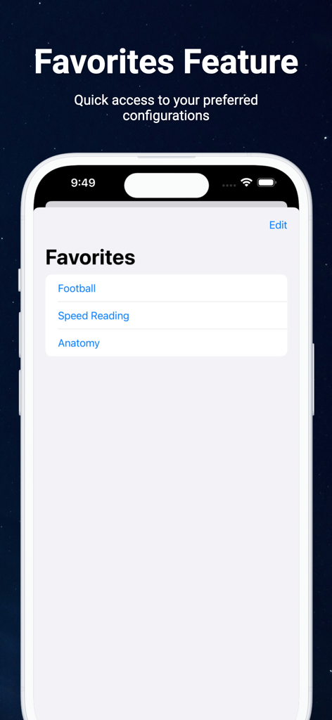 Tachistoscope - Favorites screen in the Tachistoscope app showing saved training configurations for football speed reading and anatomy