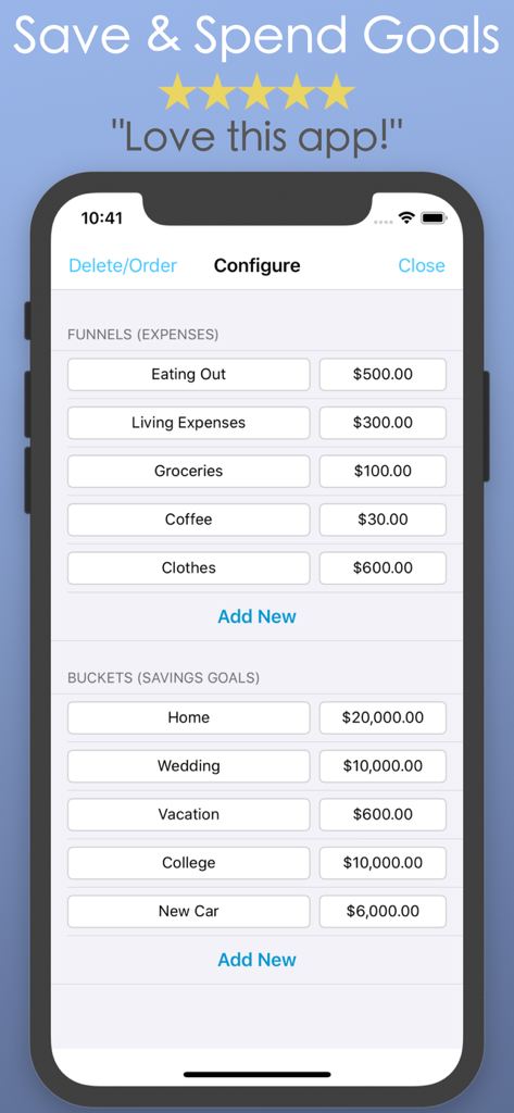 Budget - Easy Money Saving App - The configuration screen of the Budget app showing expense categories like groceries and savings goals like a new home or wedding.
