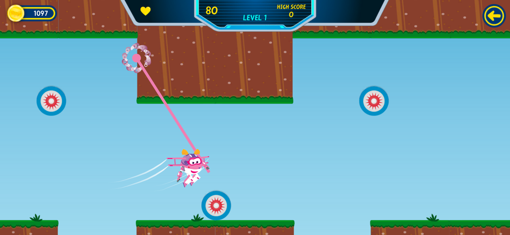 El personaje Ellie usando una liana rosa para navegar por un nivel de misión en Super Wings Mission Challenge