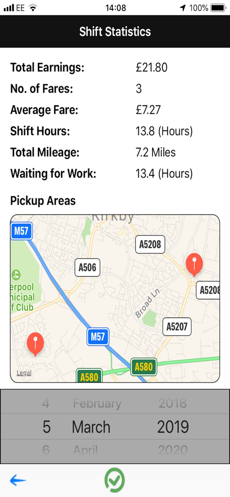 UK Taxi Buddy - Shift statistics dashboard in the UK Taxi Buddy app displaying earnings and a pickup area map.