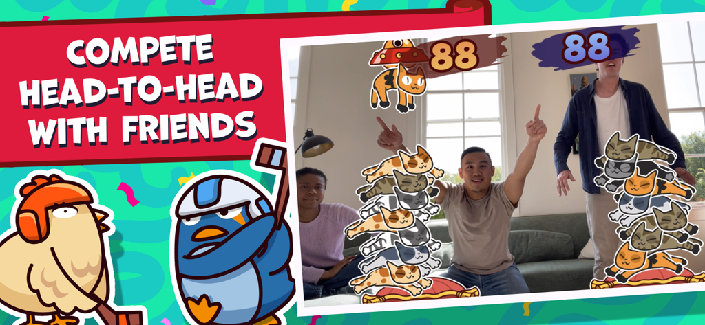 Party Fowlで、猫積みARミニゲームで対戦する二人