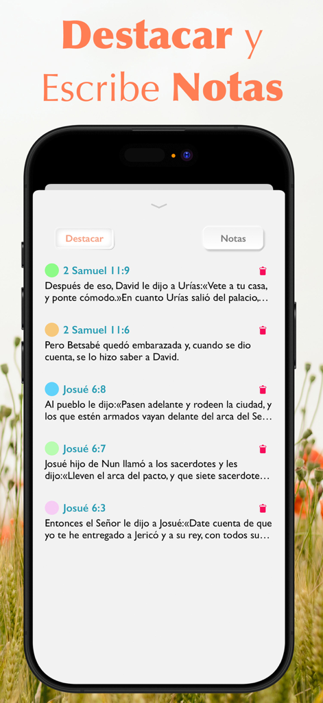 Interface of the Santa Biblia app showing highlighted Bible verses and notes in Spanish