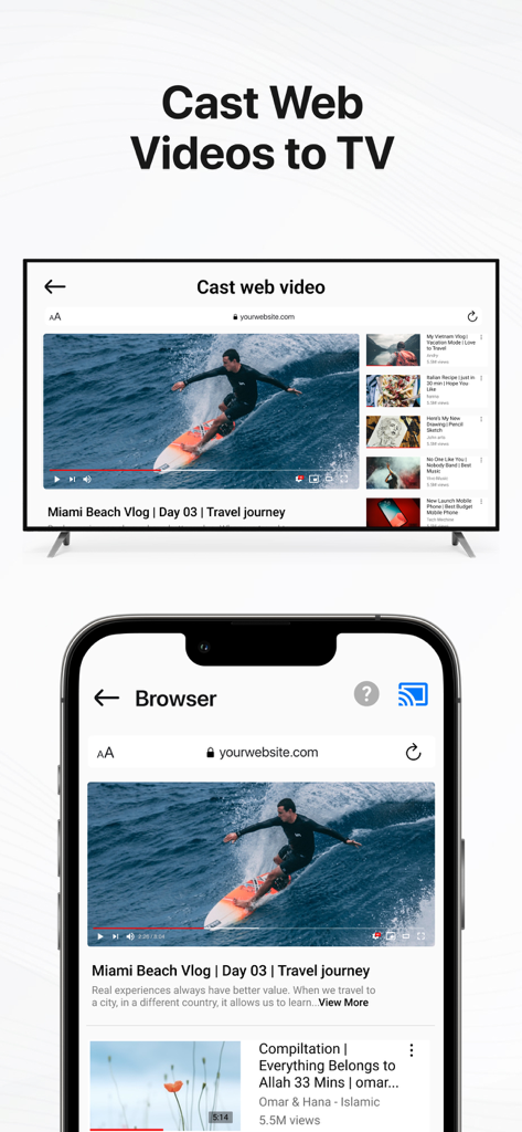 Wireless Display - TV+ - Un iPhone diffusant une vidéo de surf depuis un navigateur Web vers un téléviseur intelligent à l'aide de l'application Affichage sans fil.