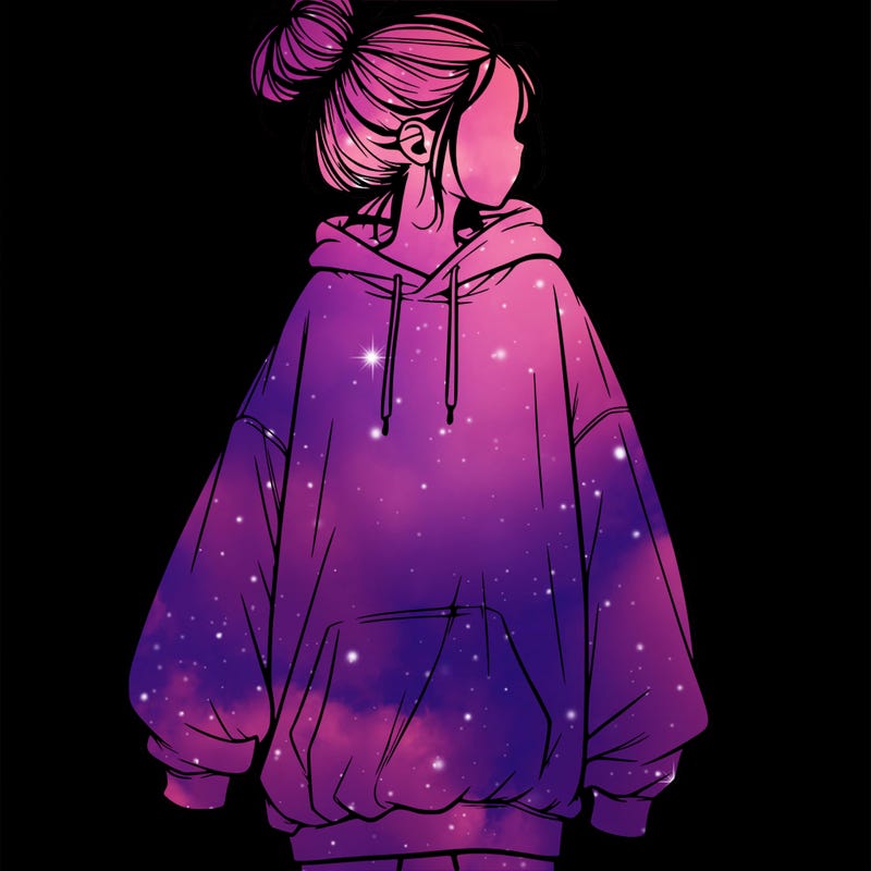 realistic girl with a oversized sweatshirt on and a bun