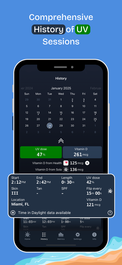 iPhone screen displaying the Sola app history tab with a monthly calendar, UV dose percentage, and Vitamin D tracking details.