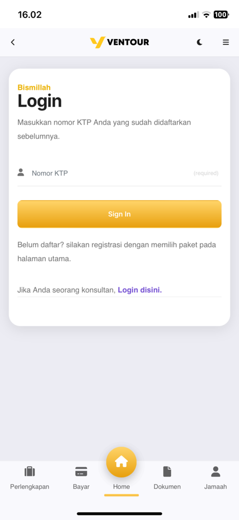 Ventour Mobile - Ventour Mobile app login screen for Umrah pilgrimage services