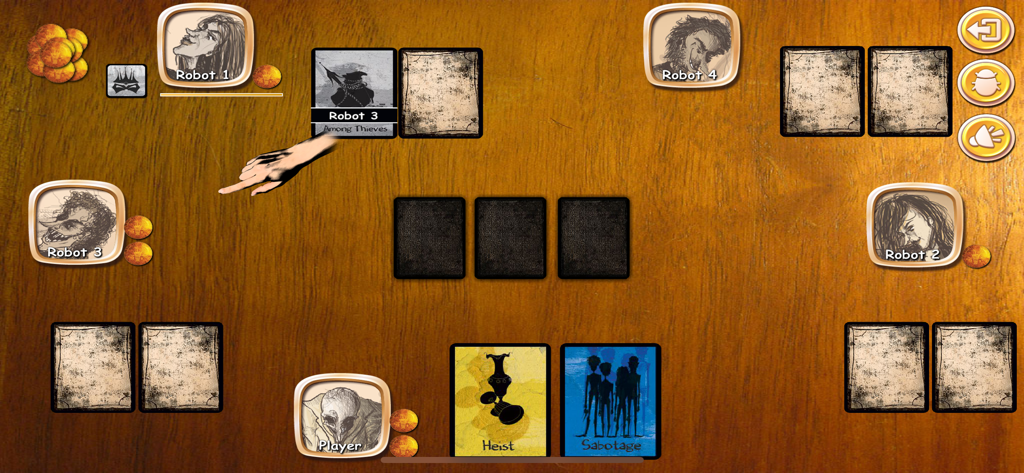 Among Thieves - Among Thieves digital card game interface showing heist and sabotage cards played against AI opponents on a wooden table.