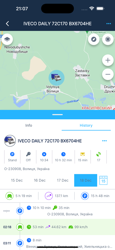 M2M Local - Écran de l'application M2M Local montrant la localisation d'un véhicule sur une carte et les données historiques du trajet