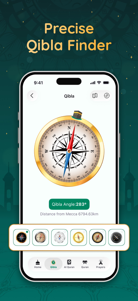 Interface of the Quran Kareem app showing a precise Qibla finder compass on a smartphone screen