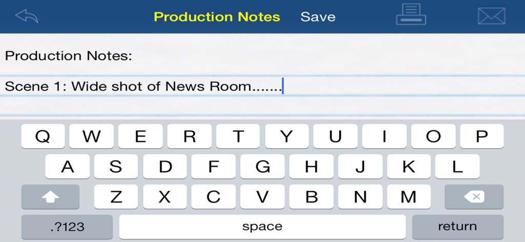 My Studio Pro - Production notes interface in the My Studio Pro digital slate app showing a text entry for a scene description.