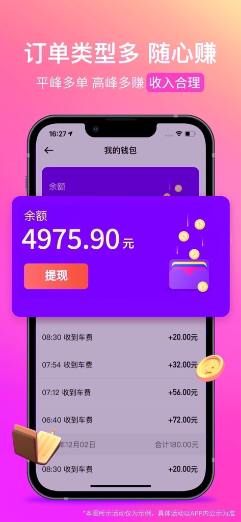 Hua Xiao Zhu Driver app wallet screen showing balance and daily earnings history