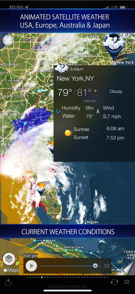 Cyclone - hurricane tracker - Aplicativo Cyclone mostrando clima de satélite animado e condições atuais para Nova York em um mapa.