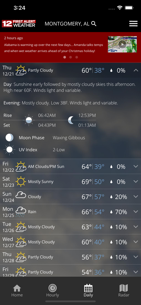 Daily weather forecast for Montgomery Alabama showing temperatures and conditions in the WSFA First Alert Weather app