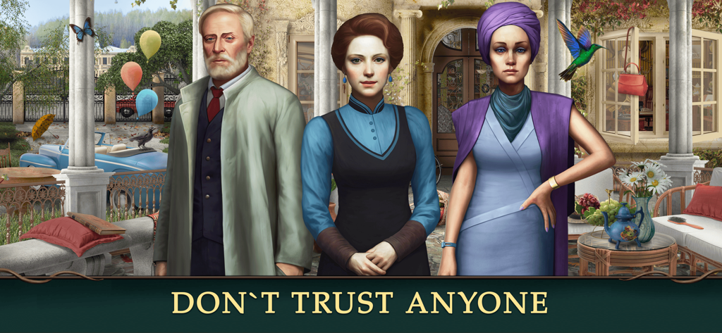 Trois personnages de Mystery Hotel se tenant sur une terrasse avec le texte 'Ne faites confiance à personne'