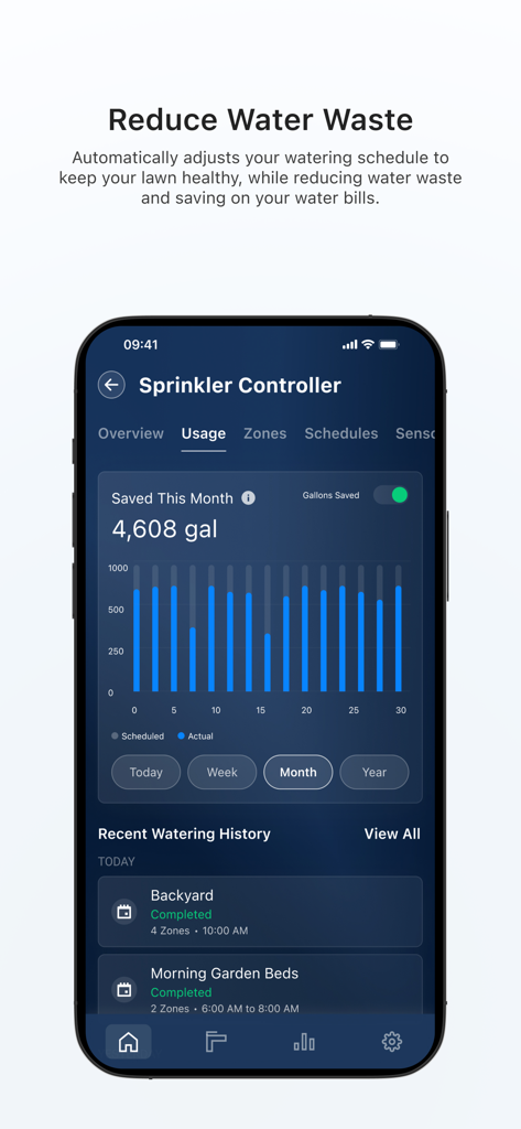 Moen Smart Water app interface showing sprinkler controller water savings and irrigation history