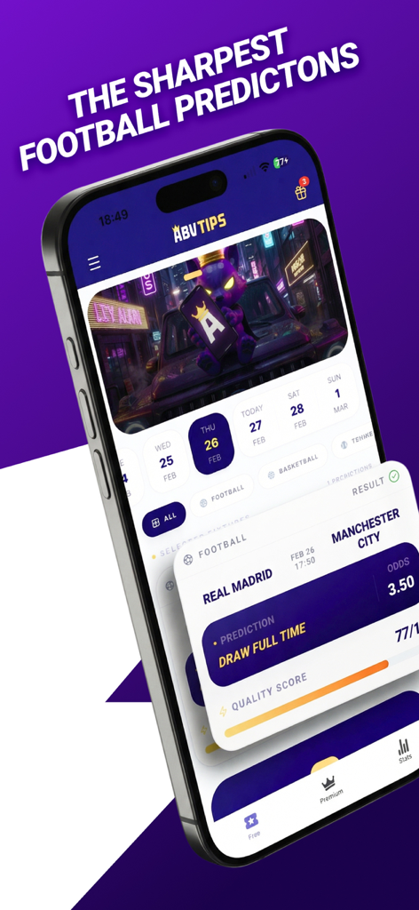 ABV TIPS Football Betting Tips - ABV TIPS mobile app interface displaying football betting predictions and match quality score.