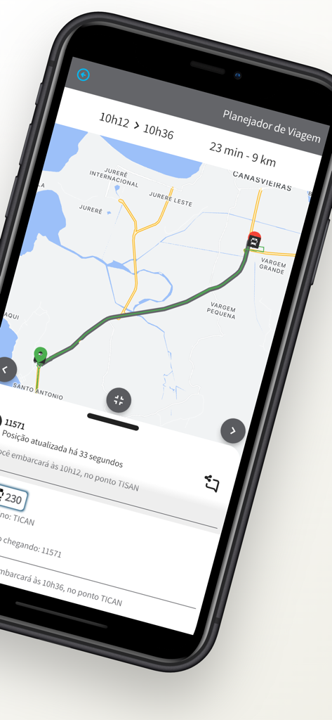 Aplicativo Floripa no Ponto 2.0 mostrando uma rota planejada de viagem de ônibus e a localização do veículo em tempo real em um mapa