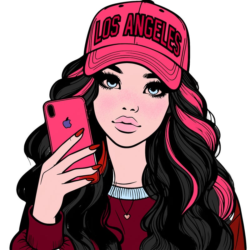 realistic beautiful girl wearing los ángeles cap holding an iphone