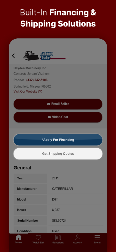 MachineryTrader: Buy Equipment - MachineryTrader mobile app interface for heavy equipment listing with built in financing and shipping solutions