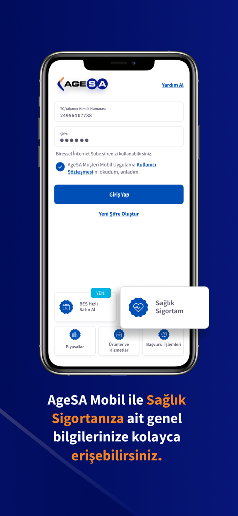 AgeSA Mobil App-Anmeldebildschirm mit Verknüpfungen zu Krankenversicherungs- und Rentendiensten