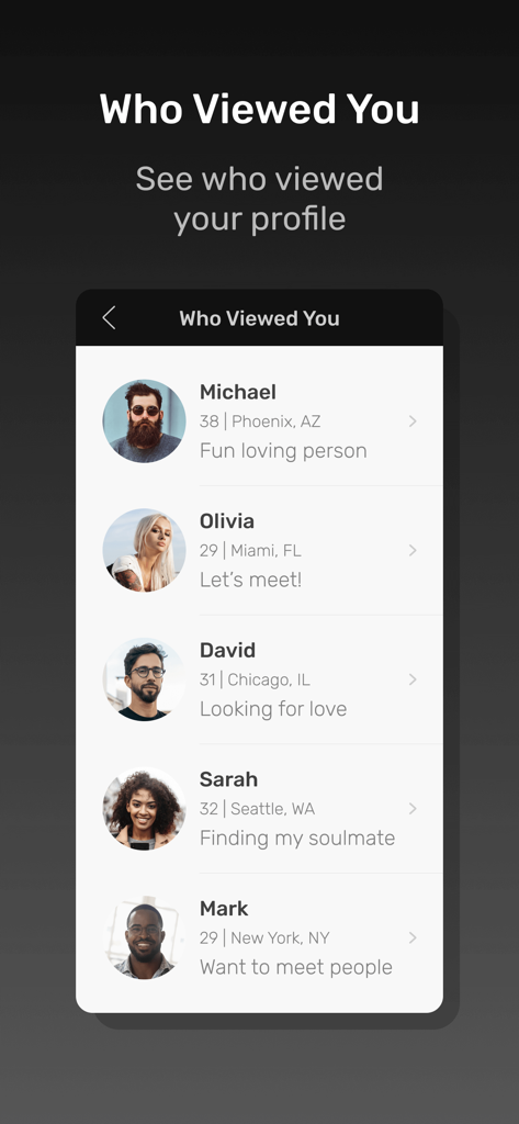Tattoo Lovers Dating - A list of user profiles on the Tattoo Lovers Dating app showing who viewed the user profile