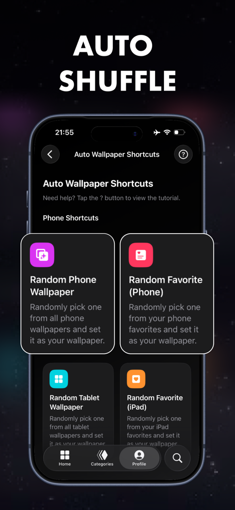 Taro: Spatial Depth Wallpaper - Interface of Taro app showing auto wallpaper shuffle options using Apple Shortcuts for iPhone and iPad