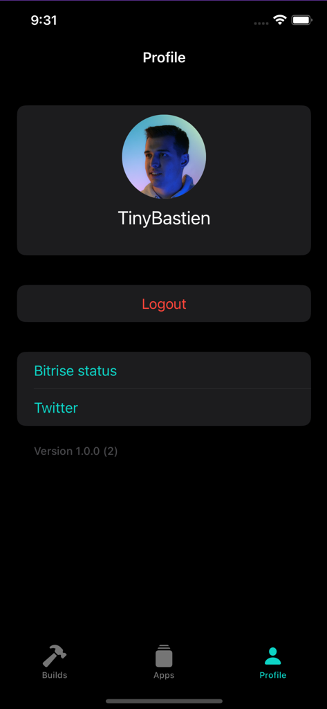 Profile section of the Botrise Bitrise Client app showing user information and app links