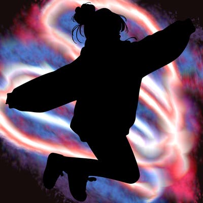 realistic girl jumping with a bun and oversized sweatshirt