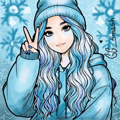 a teenage girl in a beanie, oversized sweatshirt, wavy long hair, and is showing a ✌️