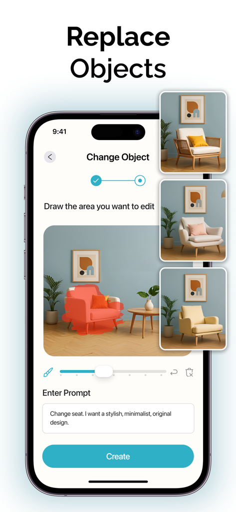 Interface de l'application Ruma montrant le remplacement d'objets par IA pour la conception d'intérieur