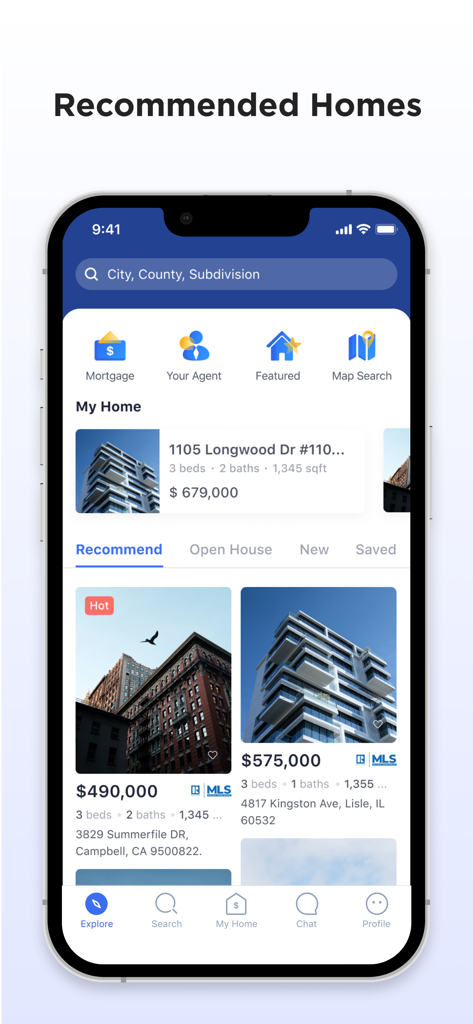 Closely real estate app interface displaying recommended home listings with prices and property details.
