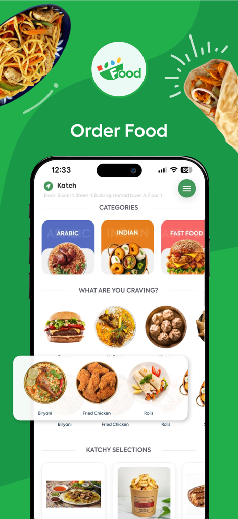 Katch! KW - Katchモバイルアプリの画面。クウェートのフードデリバリーカテゴリと人気料理が表示されています。
