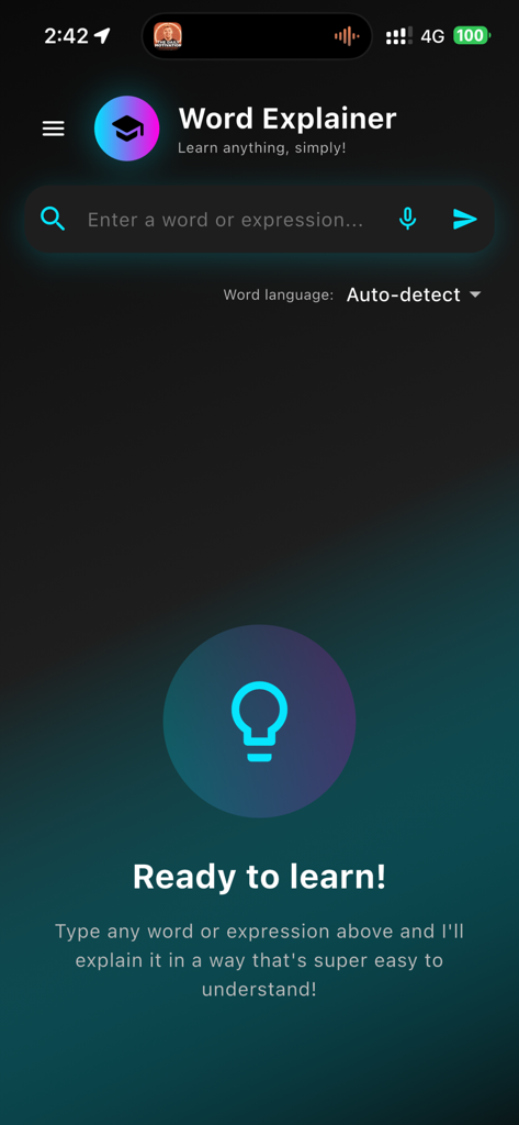 Word Explainer - Word Explainer app home screen featuring a search bar and a ready to learn prompt.