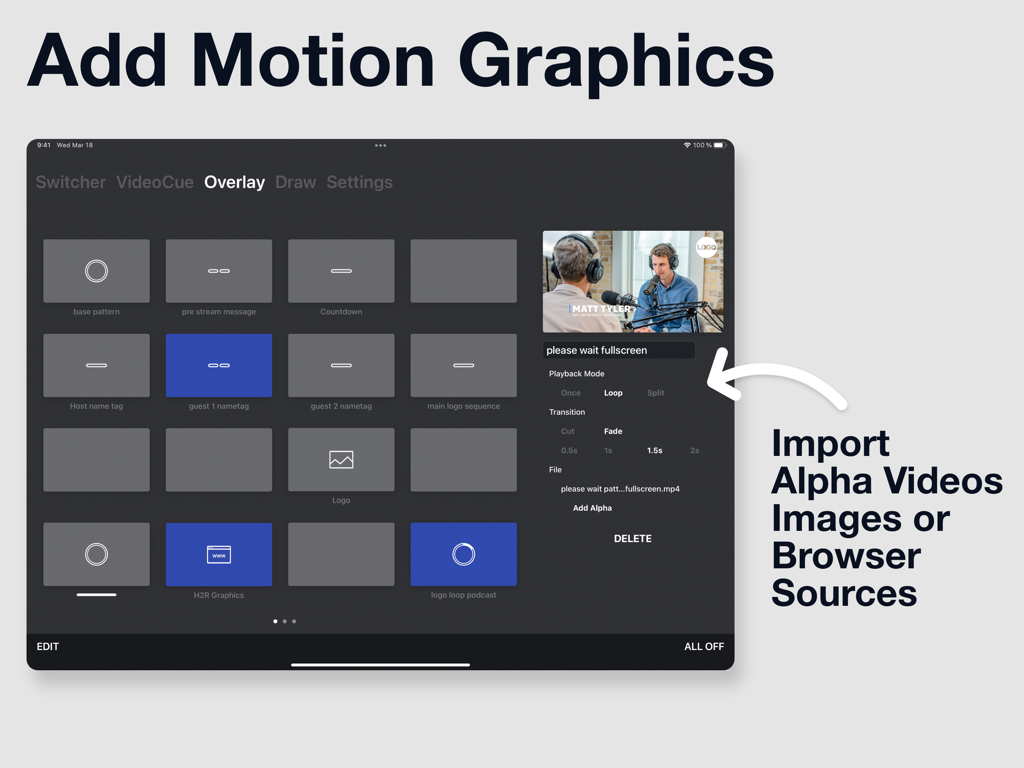 LiveApp Pro - Interface of LiveApp Pro showing a grid of motion graphics and alpha video overlays for live production