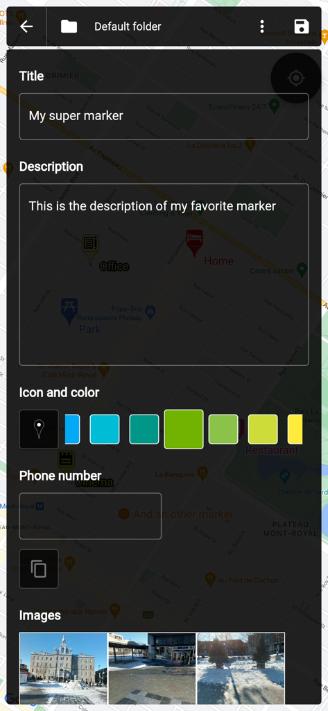 Pantalla que muestra la personalización de marcadores de mapa con título, descripción, selección de color y adjuntos de fotos
