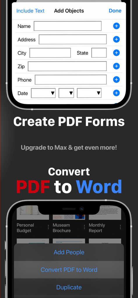 PDF Office Pro, Acrobat Expert - Benutzeroberfläche der PDF Office Pro App mit Funktionen zum Erstellen von PDF-Formularen und Konvertieren von PDF in Word auf einem Mobilgerät
