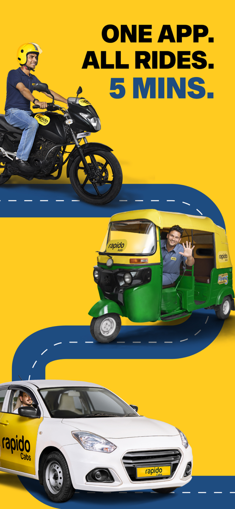 Rapido app promotional screen showing bike taxi, auto-rickshaw, and cab options with a 5-minute arrival time.