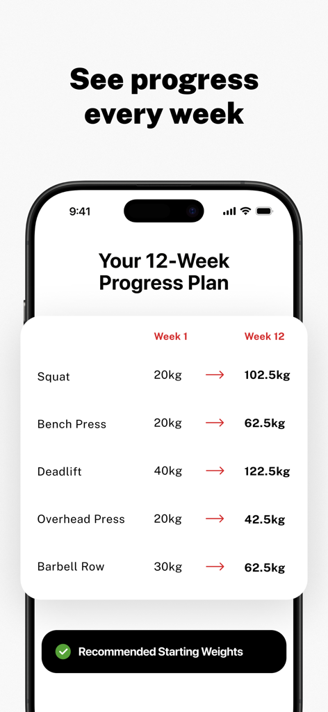 Pantalla del plan de progreso de entrenamiento de 12 semanas de la aplicación Stronglifts 5x5 con pesos iniciales y objetivo para ejercicios de pesas